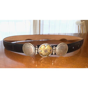 Vintage Black Croc Embossed Leather Floral Concho Belt Size Small